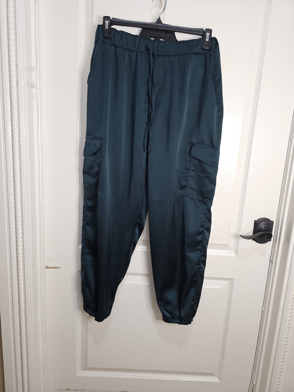 Madden NYC Green Heavy Satin Cargo Pants Elastic Waist + Hem XL  Womens